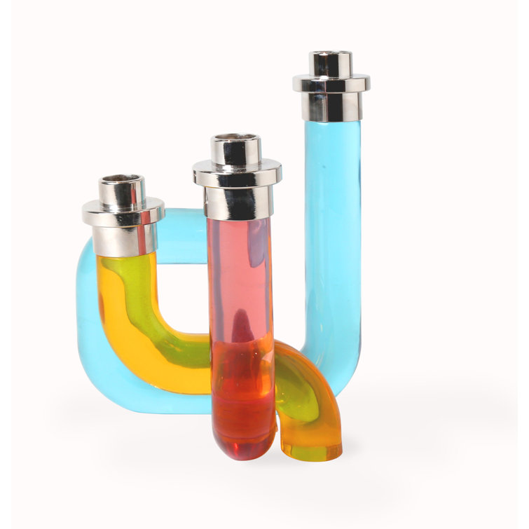 Pompidou Chic Clear Acrylic 3-Taper Candle Holder with Nickel Accents