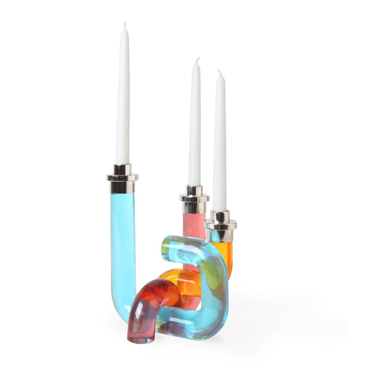 Pompidou Chic Clear Acrylic 3-Taper Candle Holder with Nickel Accents