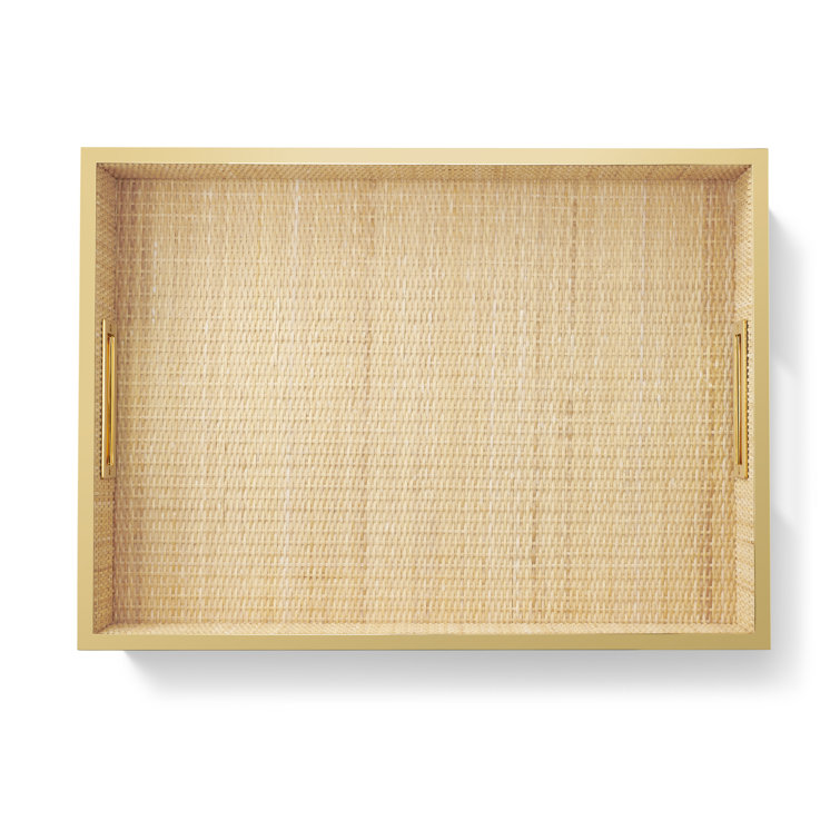 Rectangular Woven Cane and Brass Decorative Tray