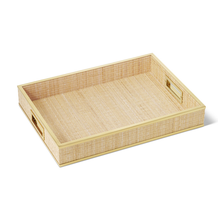 Rectangular Woven Cane and Brass Decorative Tray