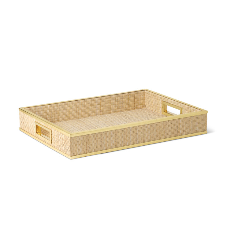 Rectangular Woven Cane and Brass Decorative Tray