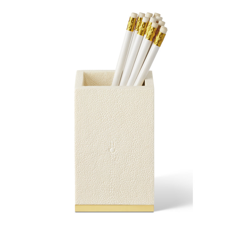 Cream Faux Shagreen Pencil Cup with Brass Detailing