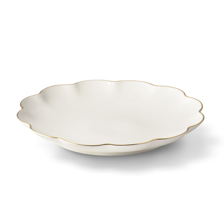 Elegant White Ceramic Serving Bowl Set with Gold Scallop Trim