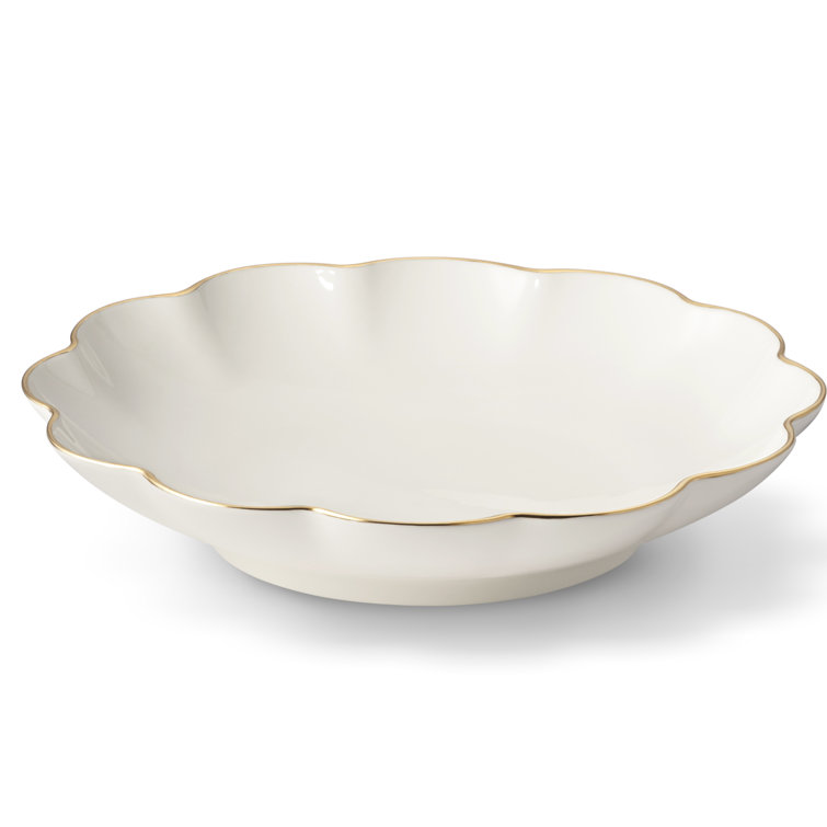 Elegant White Ceramic Serving Bowl Set with Gold Scallop Trim
