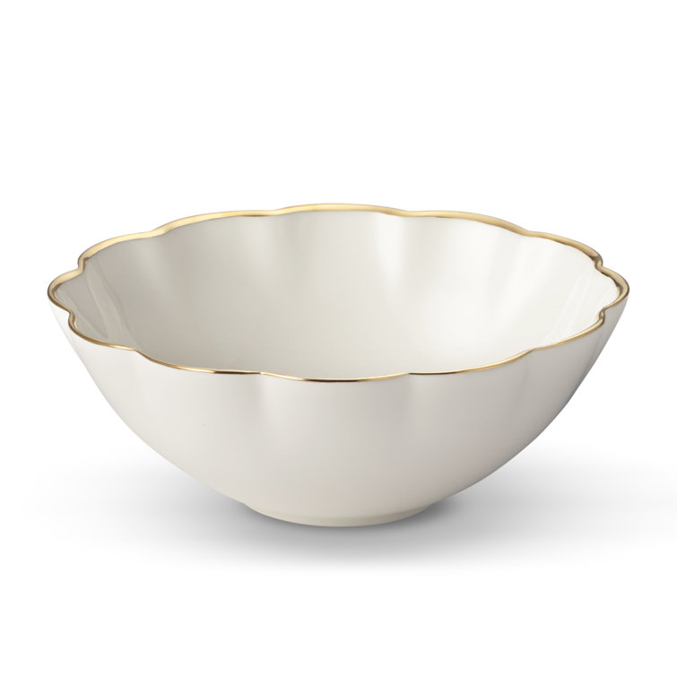 Elegant White Ceramic Serving Bowl Set with Gold Scallop Trim