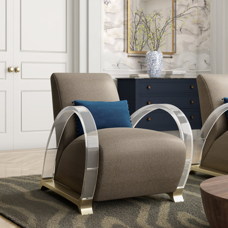 Transitional Beige Metal Base Accent Chair with Acrylic Arms