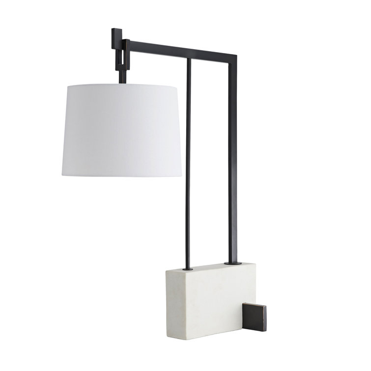 31" Aged Bronze Steel Arc Table Lamp with White Linen Shade