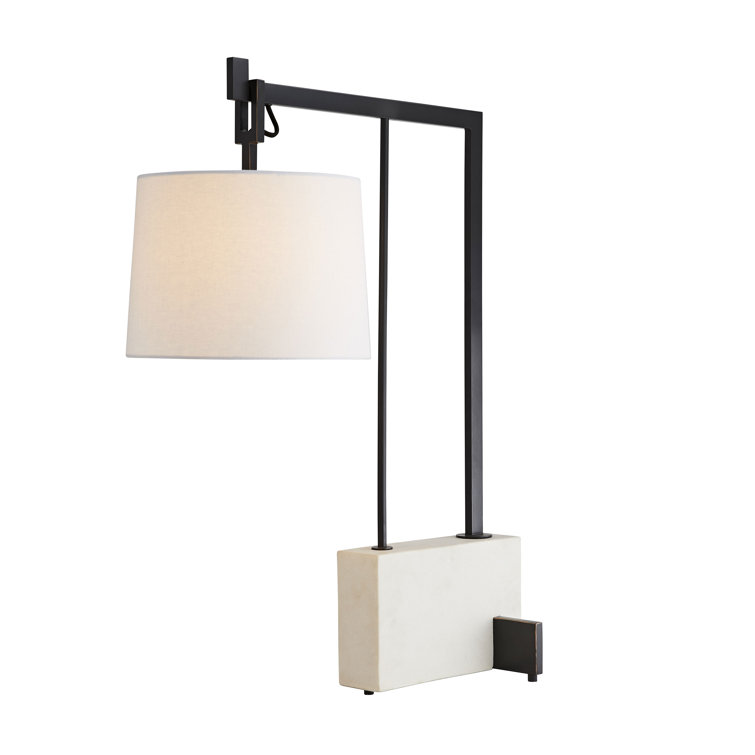 31" Aged Bronze Steel Arc Table Lamp with White Linen Shade