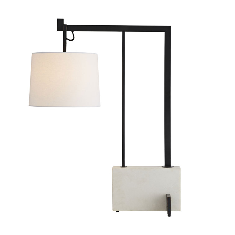 31" Aged Bronze Steel Arc Table Lamp with White Linen Shade