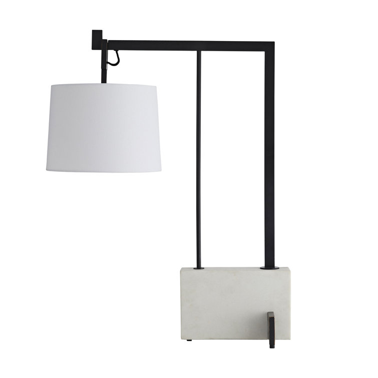 31" Aged Bronze Steel Arc Table Lamp with White Linen Shade