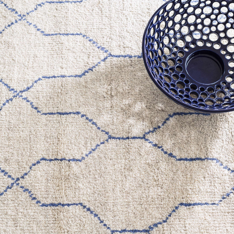 Indigo Ivory Geometric Hand-Knotted Wool Blend Rug