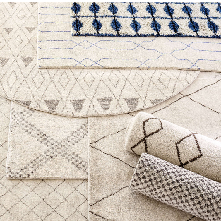 Indigo Ivory Geometric Hand-Knotted Wool Blend Rug