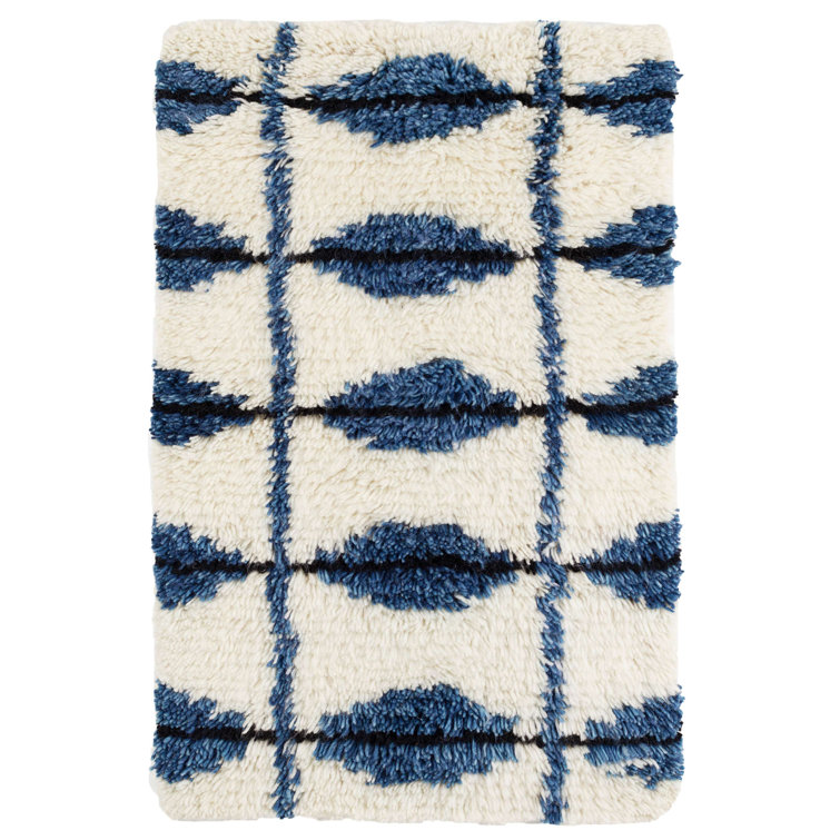 Ivory and Blue Diamond Shag Wool Cotton Rug