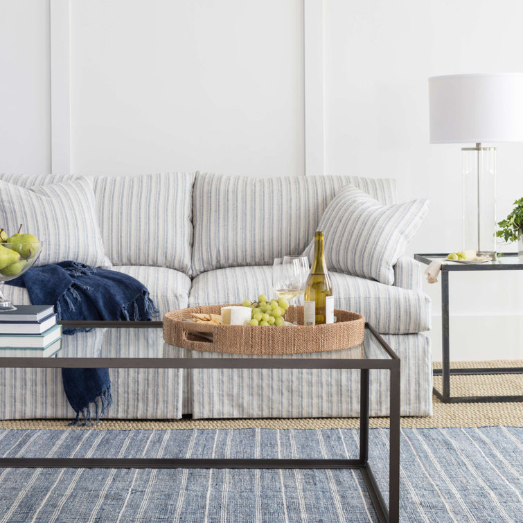 Navy and White Striped Synthetic Flat Woven Rug, 2' x 3'