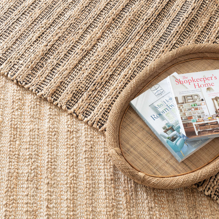 Handwoven Black and Beige Cotton Chenille Stripe Rug 2' x 3'