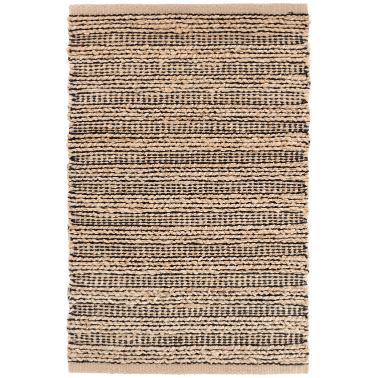 Handwoven Black and Beige Cotton Chenille Stripe Rug 2' x 3'