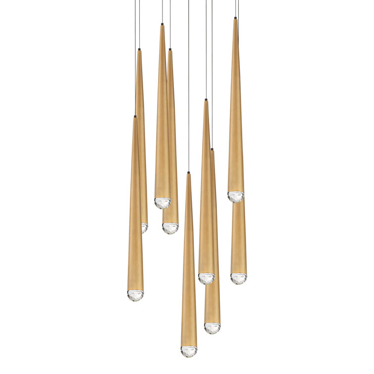Cascade Aged Brass 9-Light LED Pendant with Hand Cut Crystal