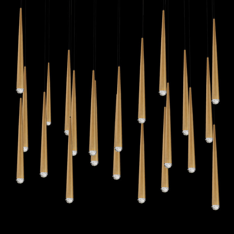Cascade 23-Light Aged Brass LED Pendant with Hand-Cut Crystal
