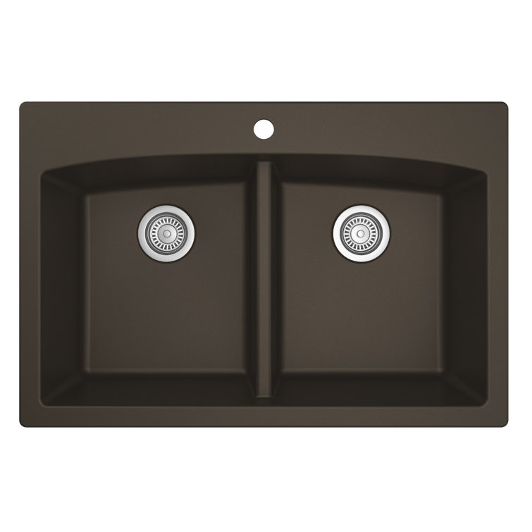 Brown Quartz Double Bowl Kitchen Sink with Curved Rear Walls