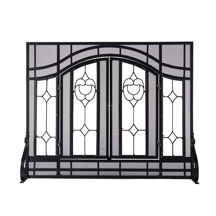 Black Steel Two-Door Fireplace Screen with Glass Panels