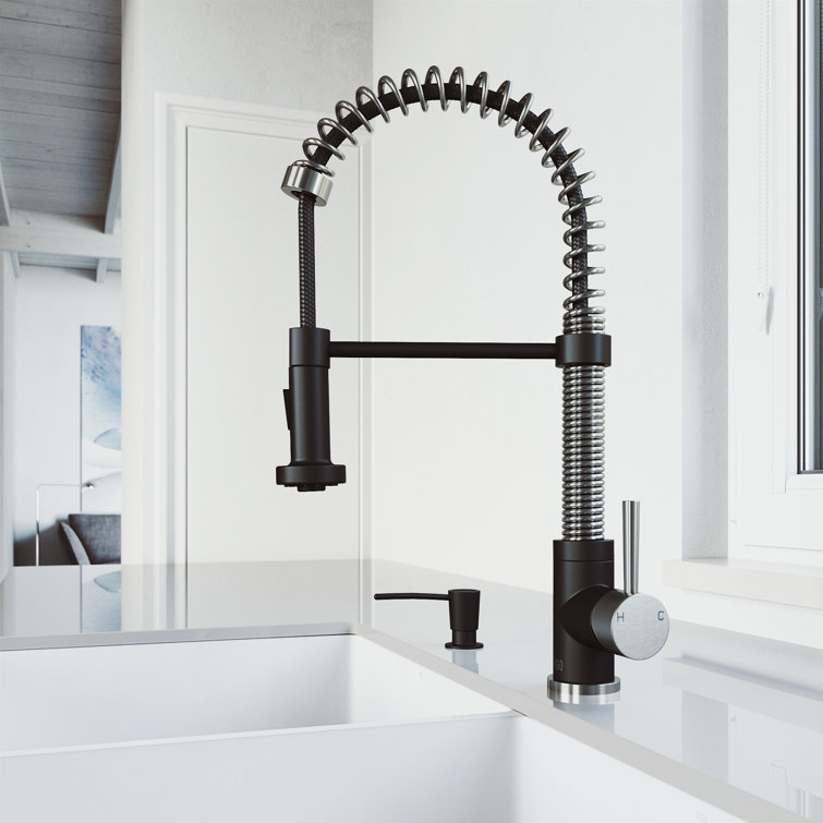Edison 19" Stainless Steel and Matte Black Pull-Down Kitchen Faucet with Soap Dispenser