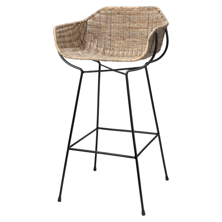 Woven Rattan and Black Metal Bohemian Bar Stool