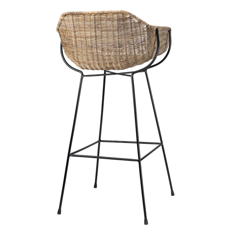 Woven Rattan and Black Metal Bohemian Bar Stool