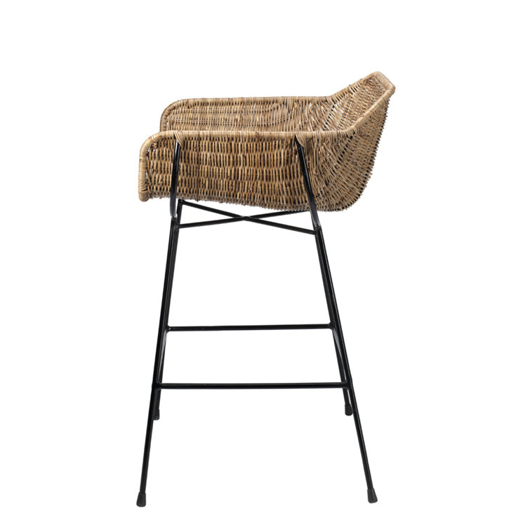 Natural Rattan and Black Steel Counter Stool