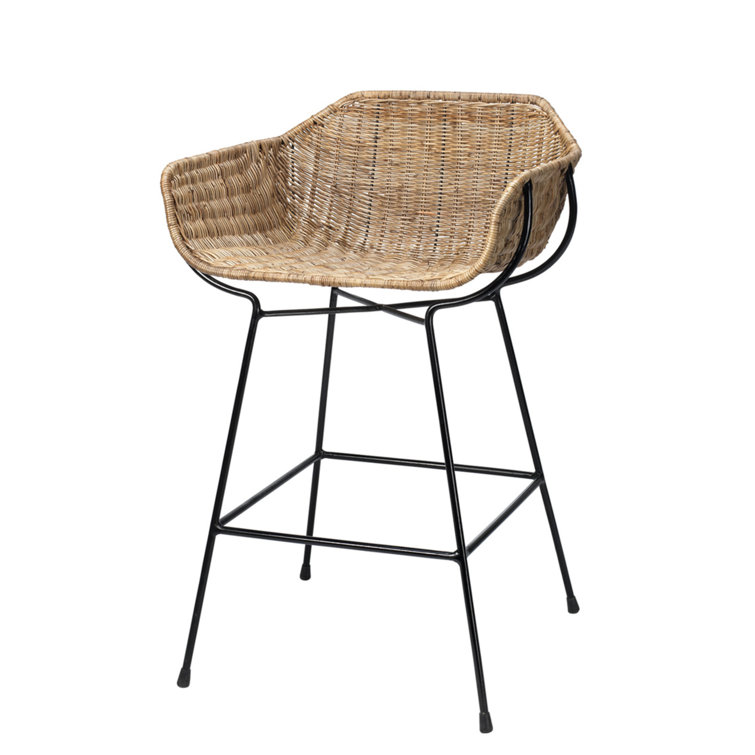Natural Rattan and Black Steel Counter Stool