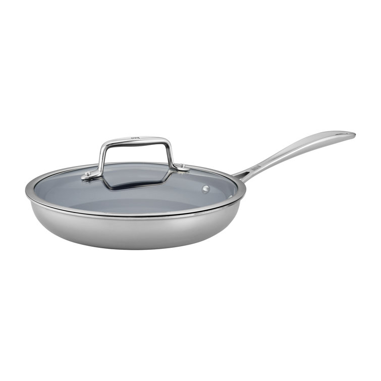9.5-inch Silver Stainless Steel Ceramic Nonstick Fry Pan with Glass Lid