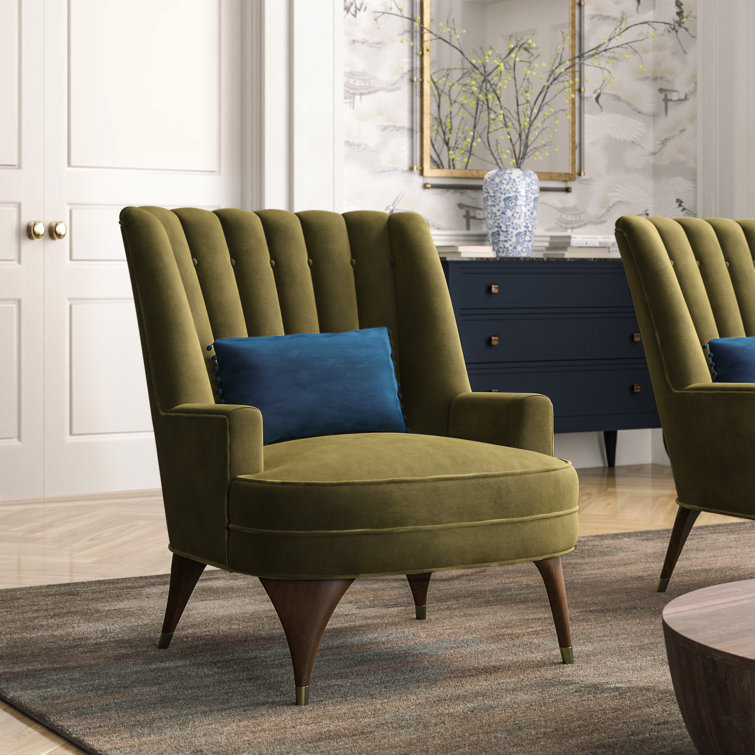 Moss Green Velvet Accent Chair with Walnut Legs