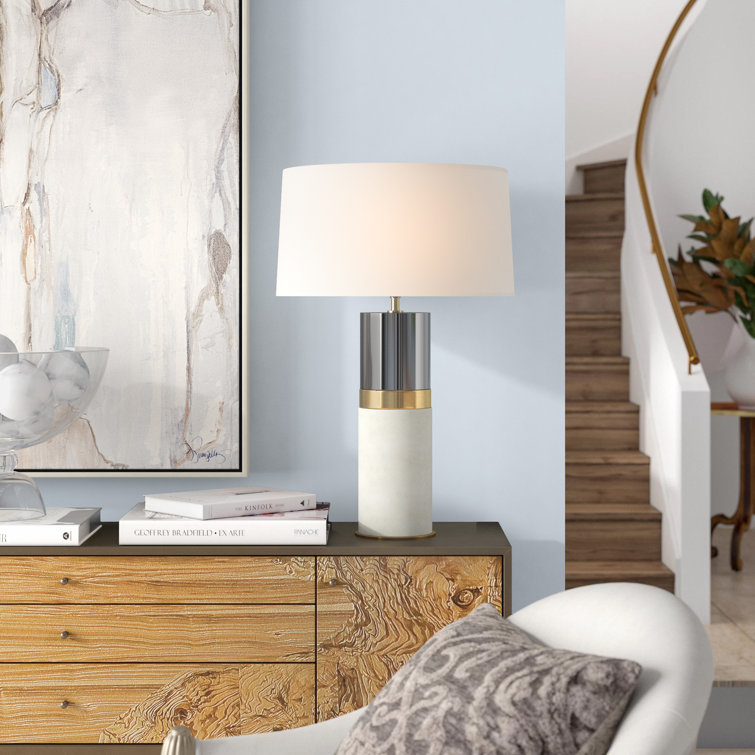 White Faux Marble and Brass Table Lamp with 3-Way Switch