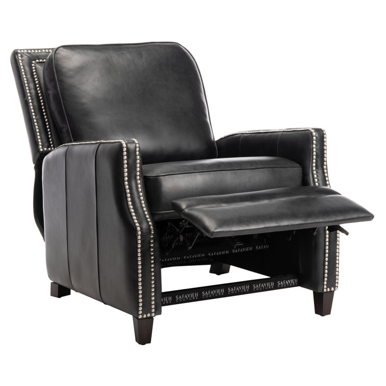 Black Leather Recliner with Wood Legs and Nailhead Trim