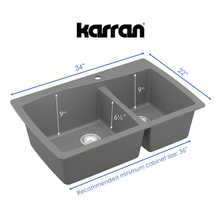 Gray Quartz Composite 34'' Double Bowl Kitchen Sink