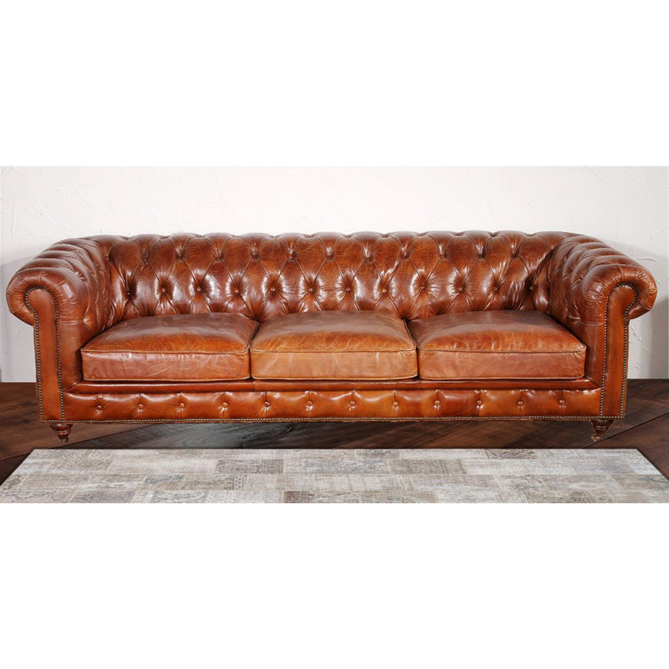 Brown Genuine Leather Tufted Chesterfield Sofa with Rolled Arms