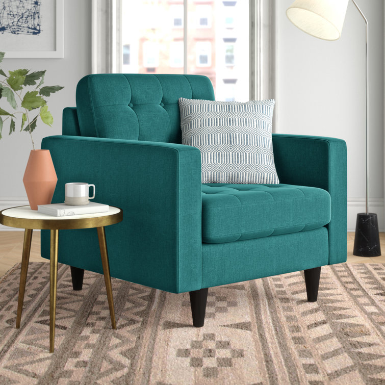 Empress Teal 35.5" Tufted Fabric Armchair with Solid Wood Legs