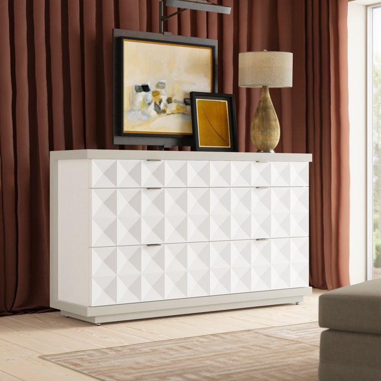 Transitional Axiom 6-Drawer Dresser in White and Gray with Artistic Flair