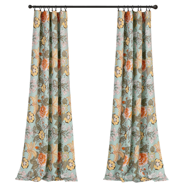 Sydney Blue Green Floral Blackout Polyester Curtain Panels, Set of 2