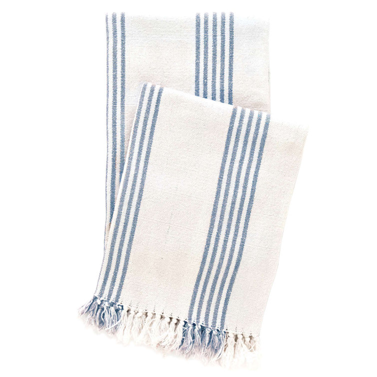 Hand Woven French Blue Cotton Throw with Knotted Fringe
