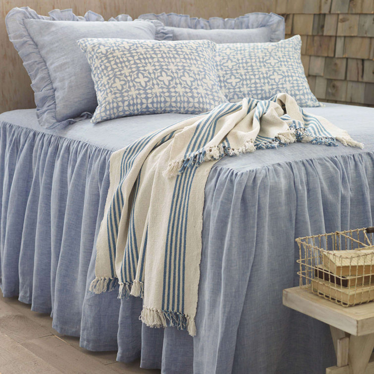Hand Woven French Blue Cotton Throw with Knotted Fringe