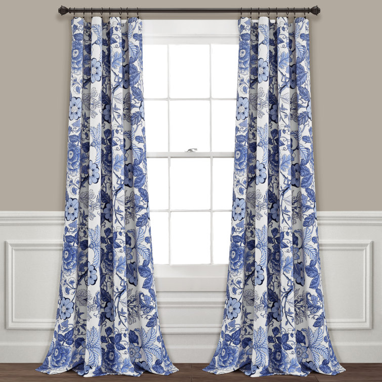 Navy and White Floral Blackout Polyester Curtains, 52" x 84"