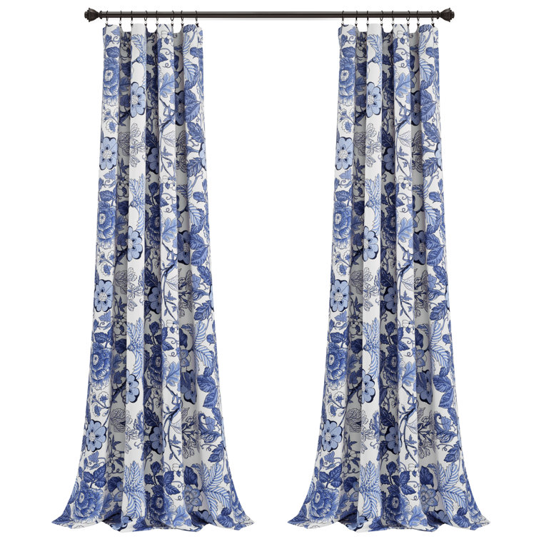 Navy and White Floral Blackout Polyester Curtain Panels