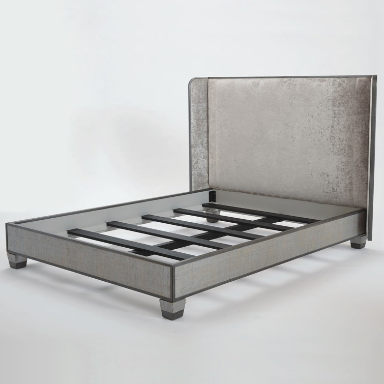 Pewter Velvet Upholstered Queen Bed with Winged Headboard