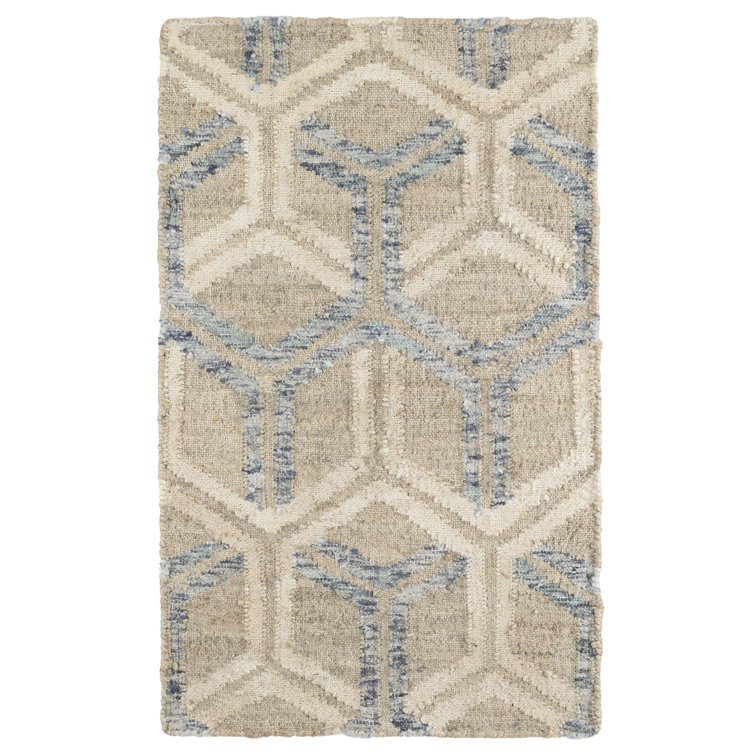 Blue and Natural Flat Woven Cotton Jute Rug, 3' x 5'