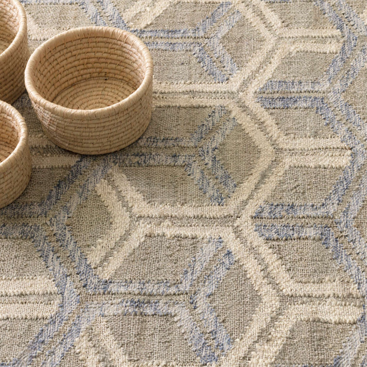 Blue and Natural Flat Woven Cotton Jute Rug, 3' x 5'