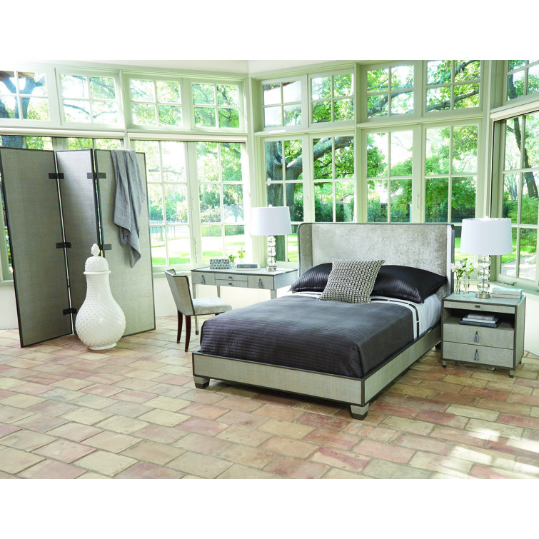 Pewter Velvet Upholstered Queen Bed with Winged Headboard