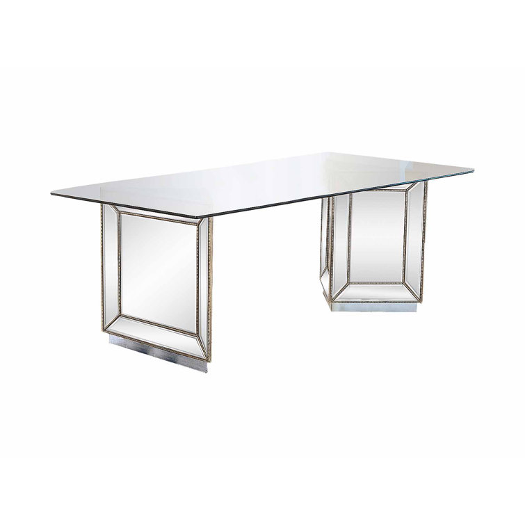 Nicolette Transitional 96" Mirrored Silver Dining Table with Glass Top