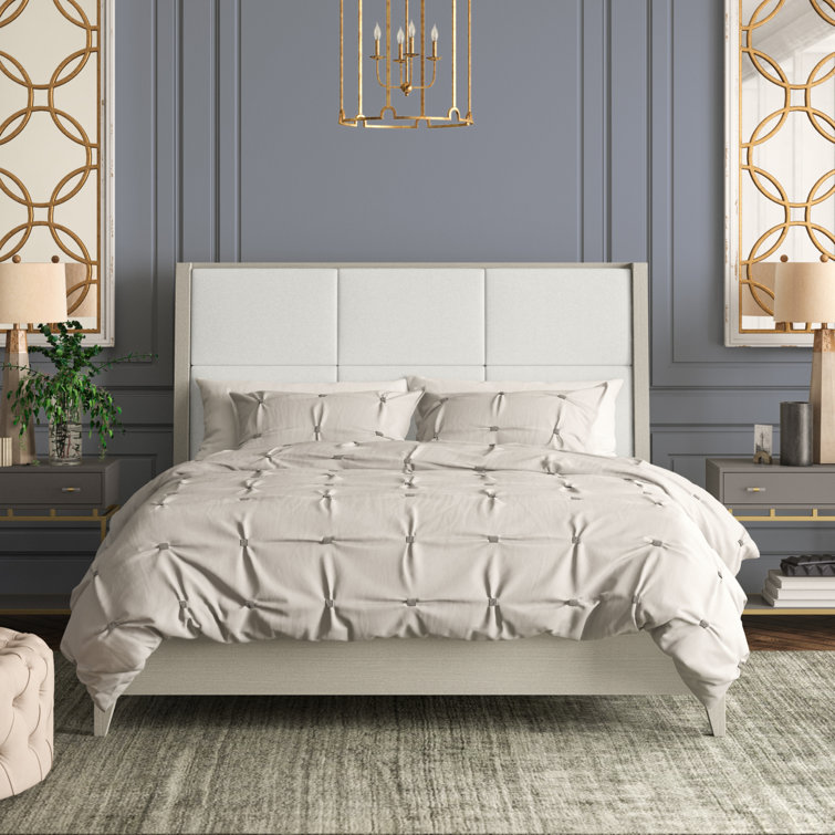 Queen Upholstered Wood Frame Bed with Winged Headboard