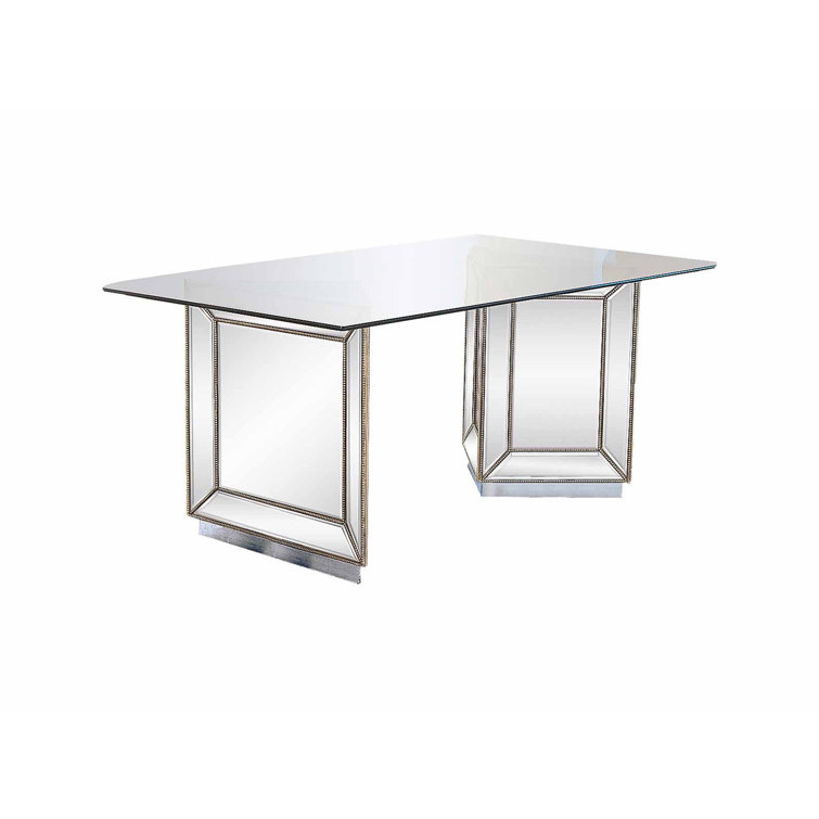 72" Glass Top Silver Mirrored Wood Dining Table