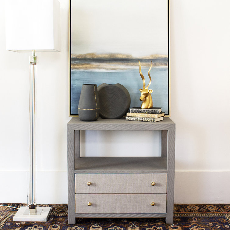 Gray Grasscloth and Metal Rectangular End Table with Storage